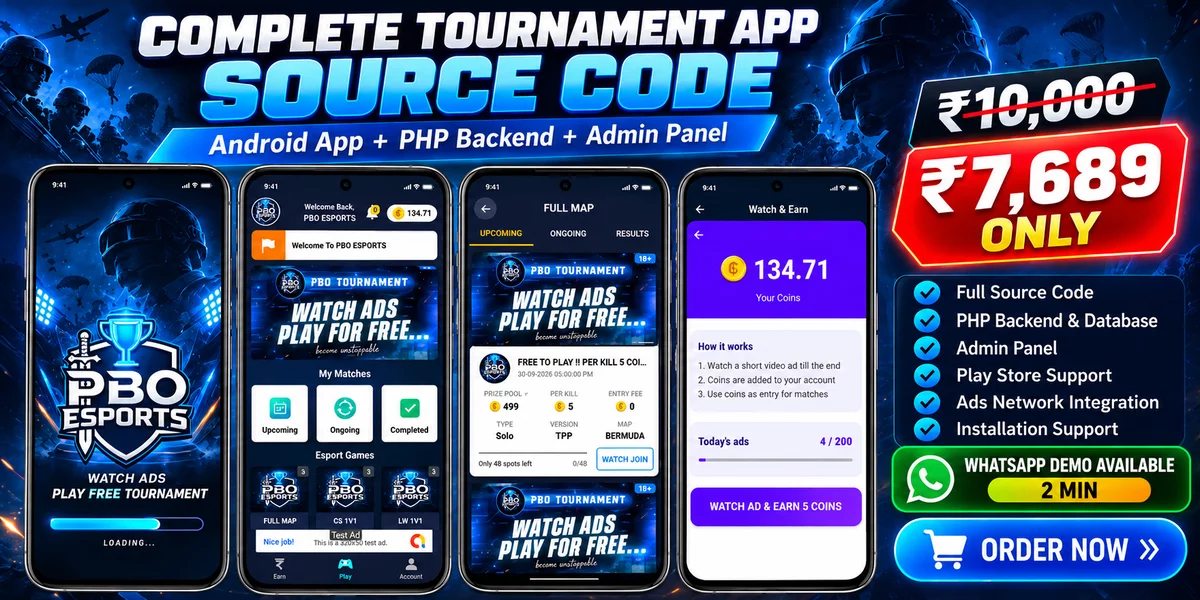 Complete Tournament App Source Code | Android + PHP Backend + Admin Panel + Play Store Support