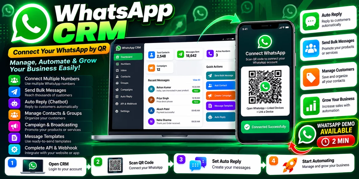 WhatsApp CRM Software | QR Code Connection, Bulk Messaging, Auto Reply, Chatbot & Business Automatio